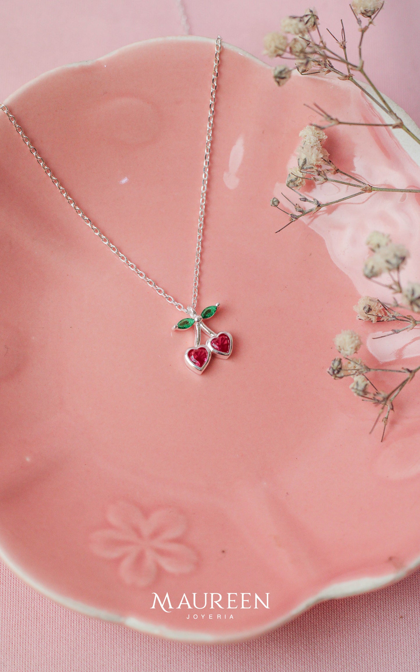 Collar cerezas forma de corazon - Plata