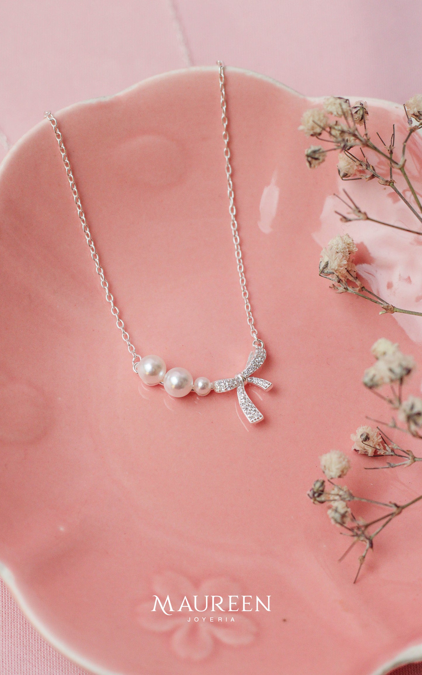 Collar lazo con circones 3 perlas - Plata