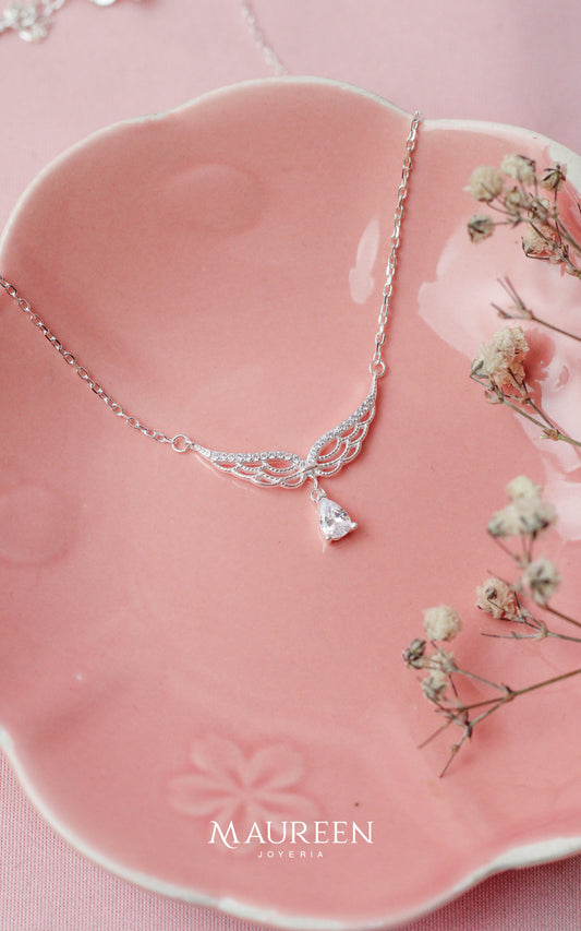 Collar alas con circones y circon forma gota - Plata