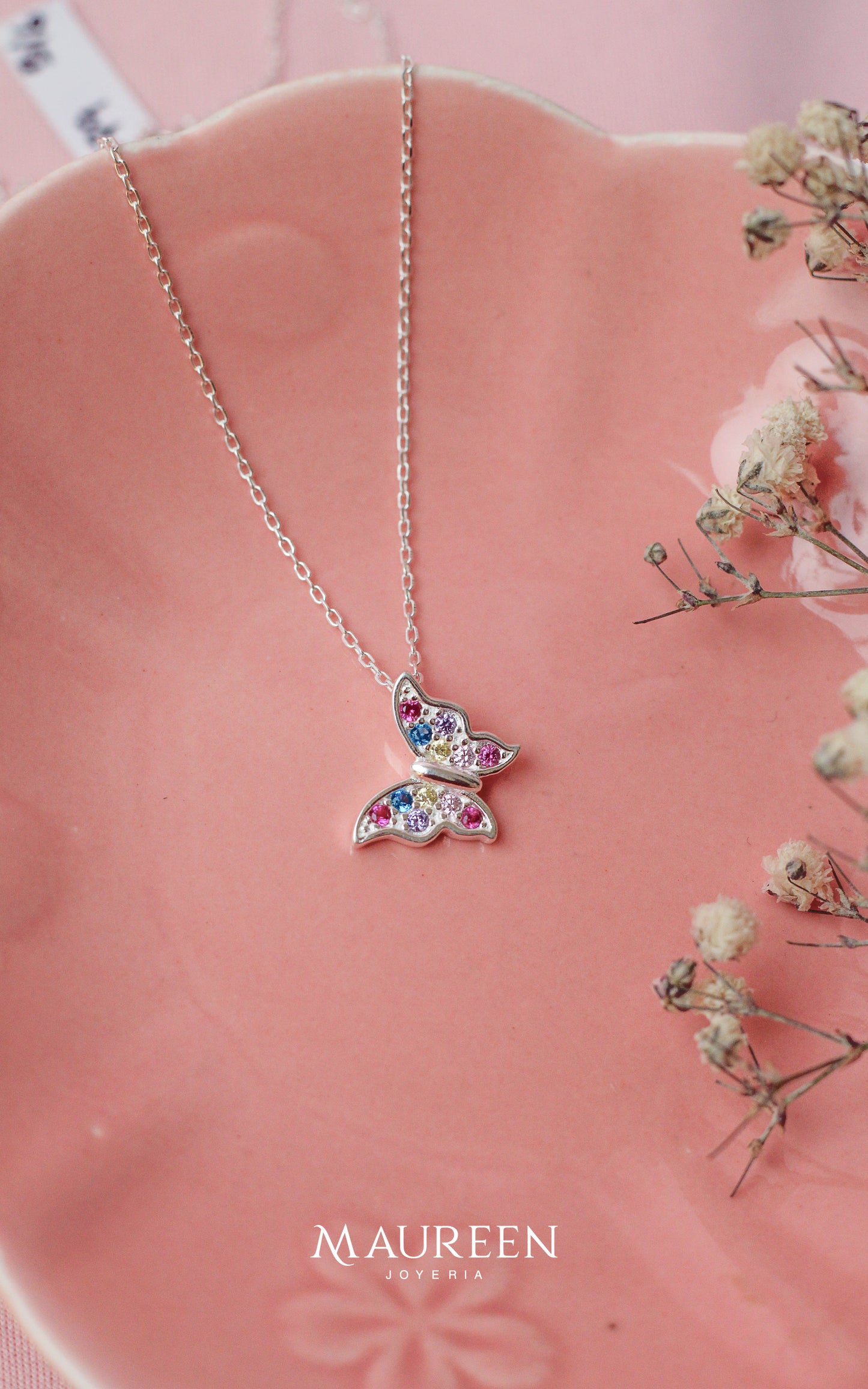 Collar mariposa con circones multicolor   - Plata