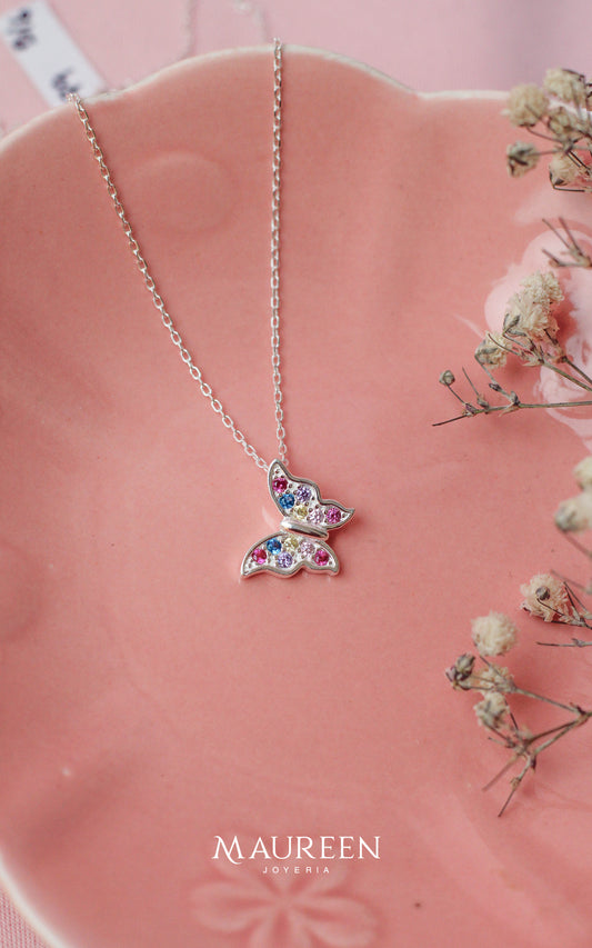 Collar mariposa con circones multicolor   - Plata