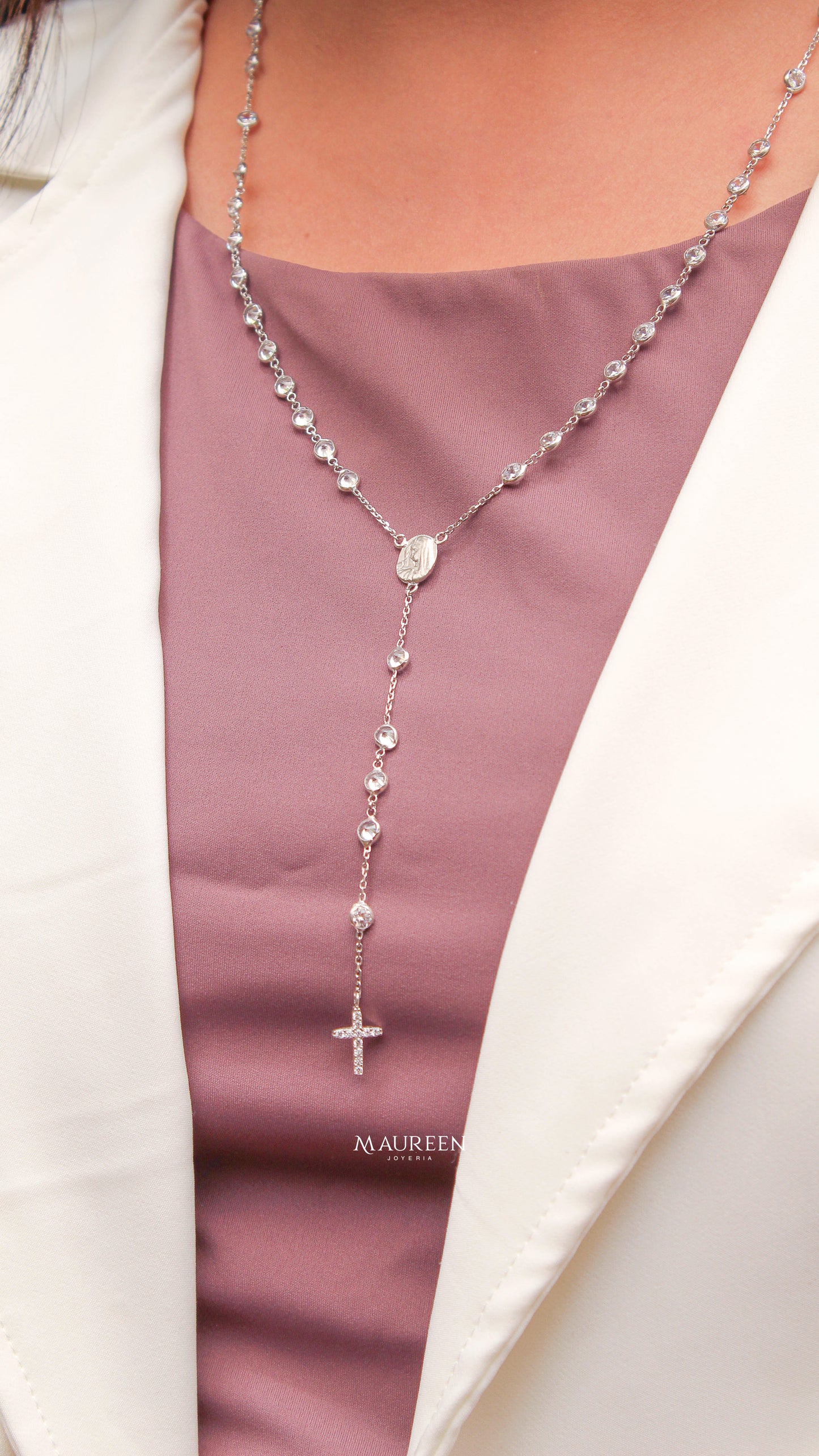 Collar rosario virgen circones - Plata