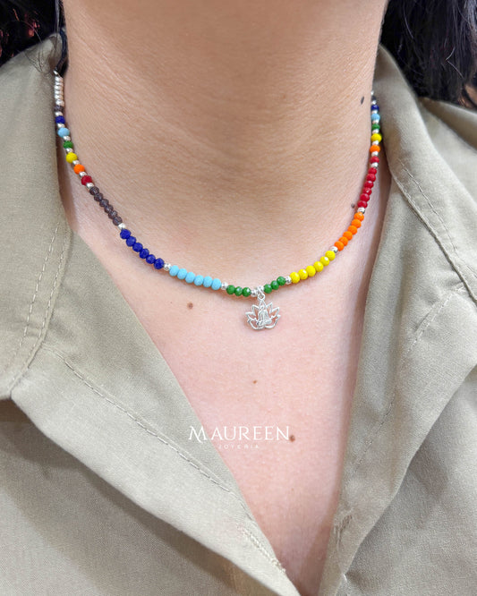 Collar de 7 colores arcoiris murano ajustable - Plata