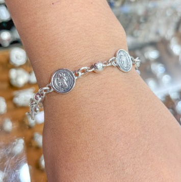 Pulsera san benito con esferas - Plata quemada