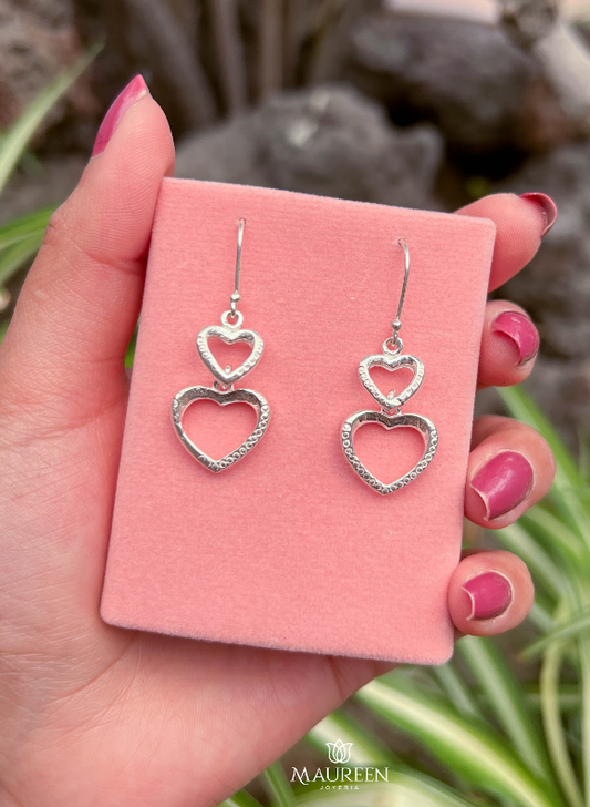 Arete doble corazón texturado colgante - Plata