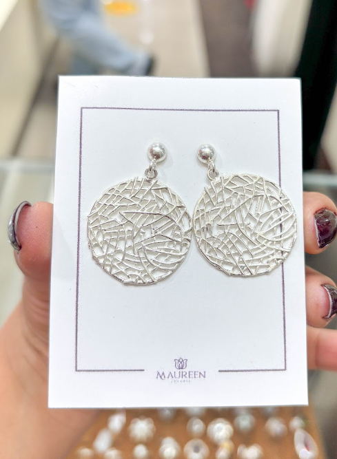 Arete circulo tejido calado poste -  Plata