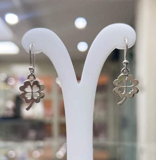 Arete trebol con tallo 4 petalos colgante - Plata
