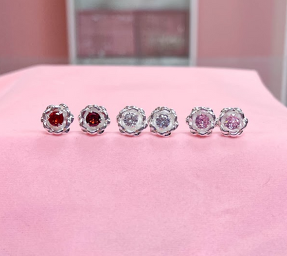 Arete flor circon grande blanco, rojo rosado  - Plata