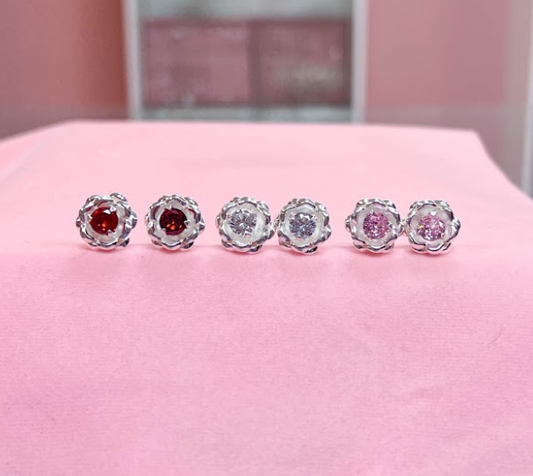 Arete flor circon grande blanco, rojo rosado  - Plata