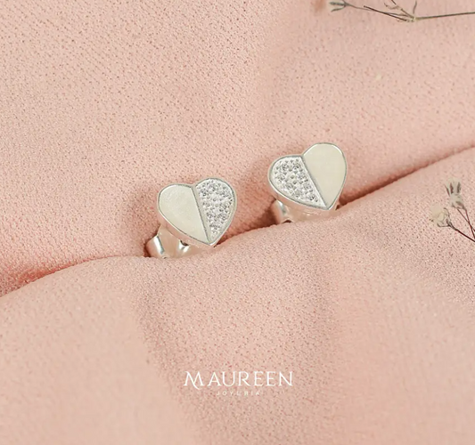 Arete corazon mitad circones y mitad blanco - Plata