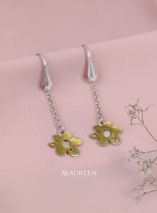 Arete colgante cadena flor 6 petalos - Plata/Oro