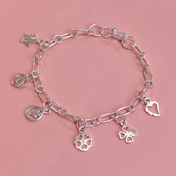 Pulsera dijes suerte amor (flores, corazon y treboles) - Plata