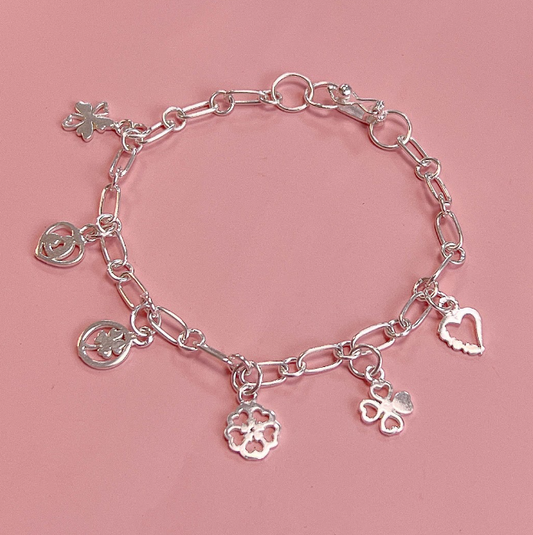 Pulsera dijes suerte amor (flores, corazon y treboles) - Plata