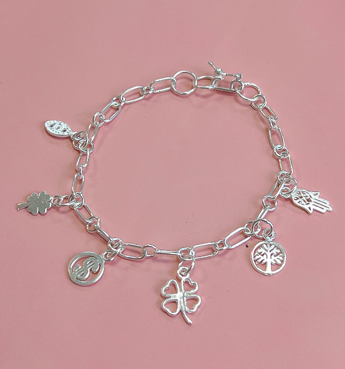 Pulsera fortuna dijes (ojo turco, trebol pequeño, dinero, trebol) - Plata