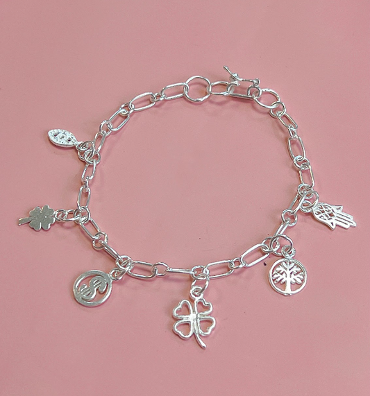 Pulsera fortuna dijes (ojo turco, trebol pequeño, dinero, trebol) - Plata