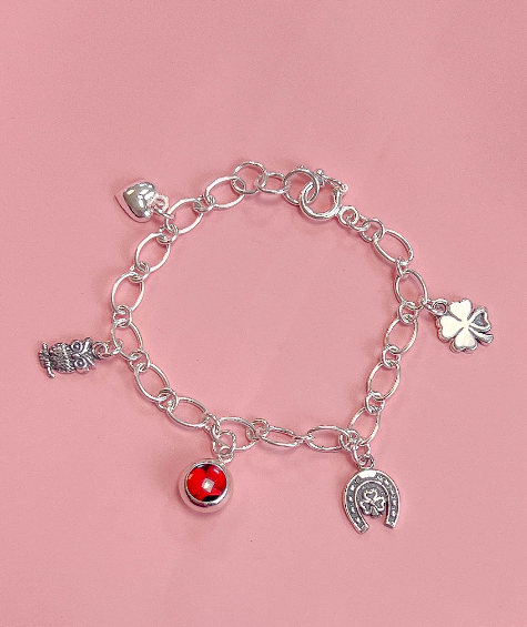 Pulsera dijes buena suerte (corazon, buho, huayruro, herradura, trebol) - Plata
