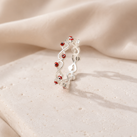 Anillo ojo turco infinito rojo - plata