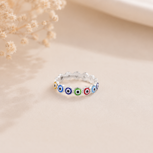 Anillo ojo turco corazones multicolores - Plata