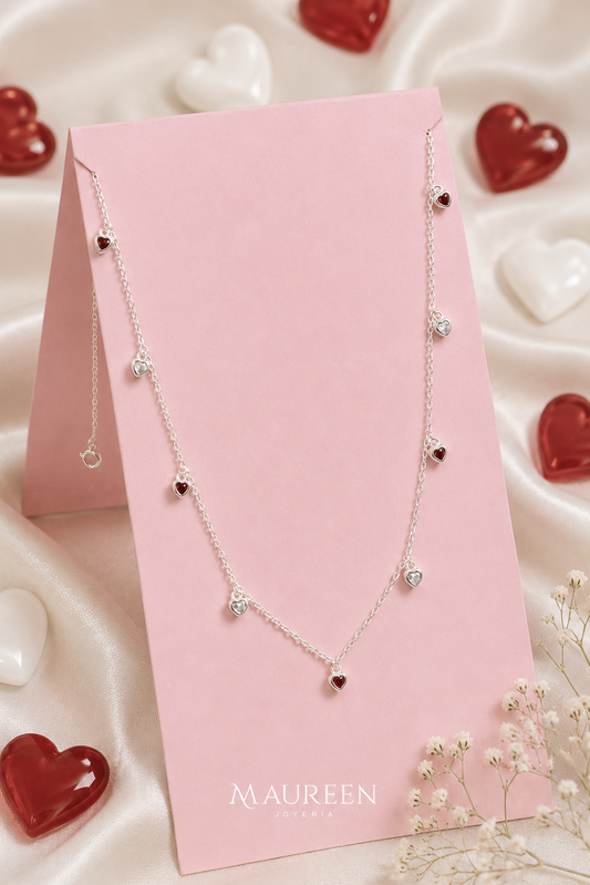 Collar 9 corazones rojos - Plata
