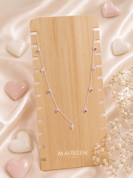 Collar 9 corazones colores - Plata