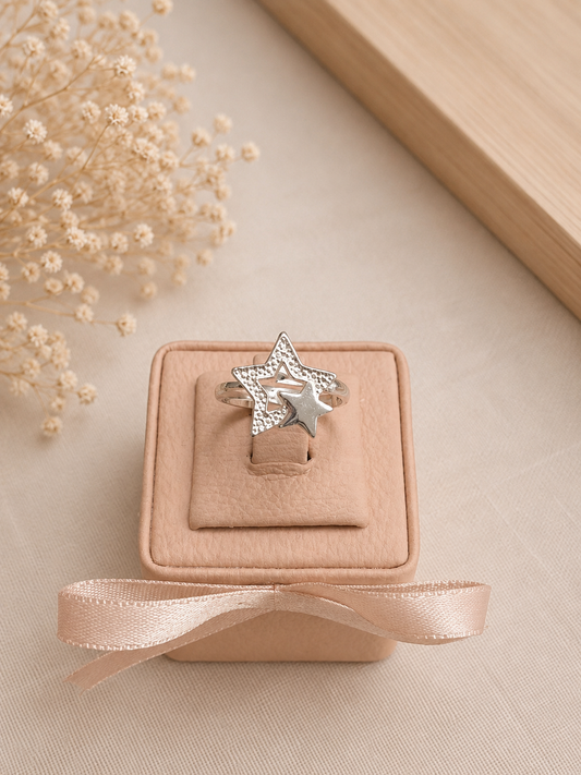 Anillo dos estrellas ajustable - Plata