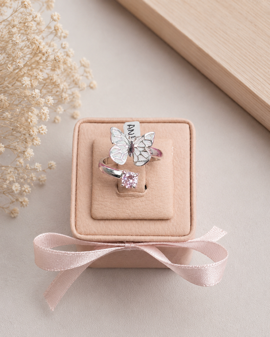 Anillo ajustable mariposa con circon  - plata