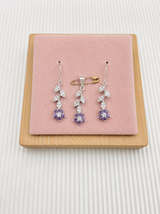 Juego flores con circones morada colgante - plata