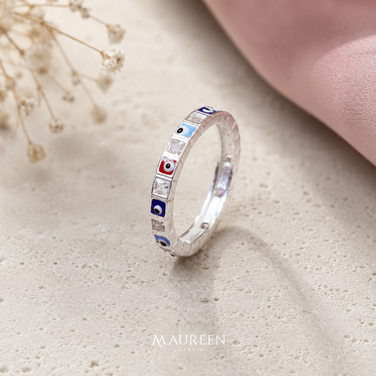 Anillo ojo turco cuadrado multicolor - Plata