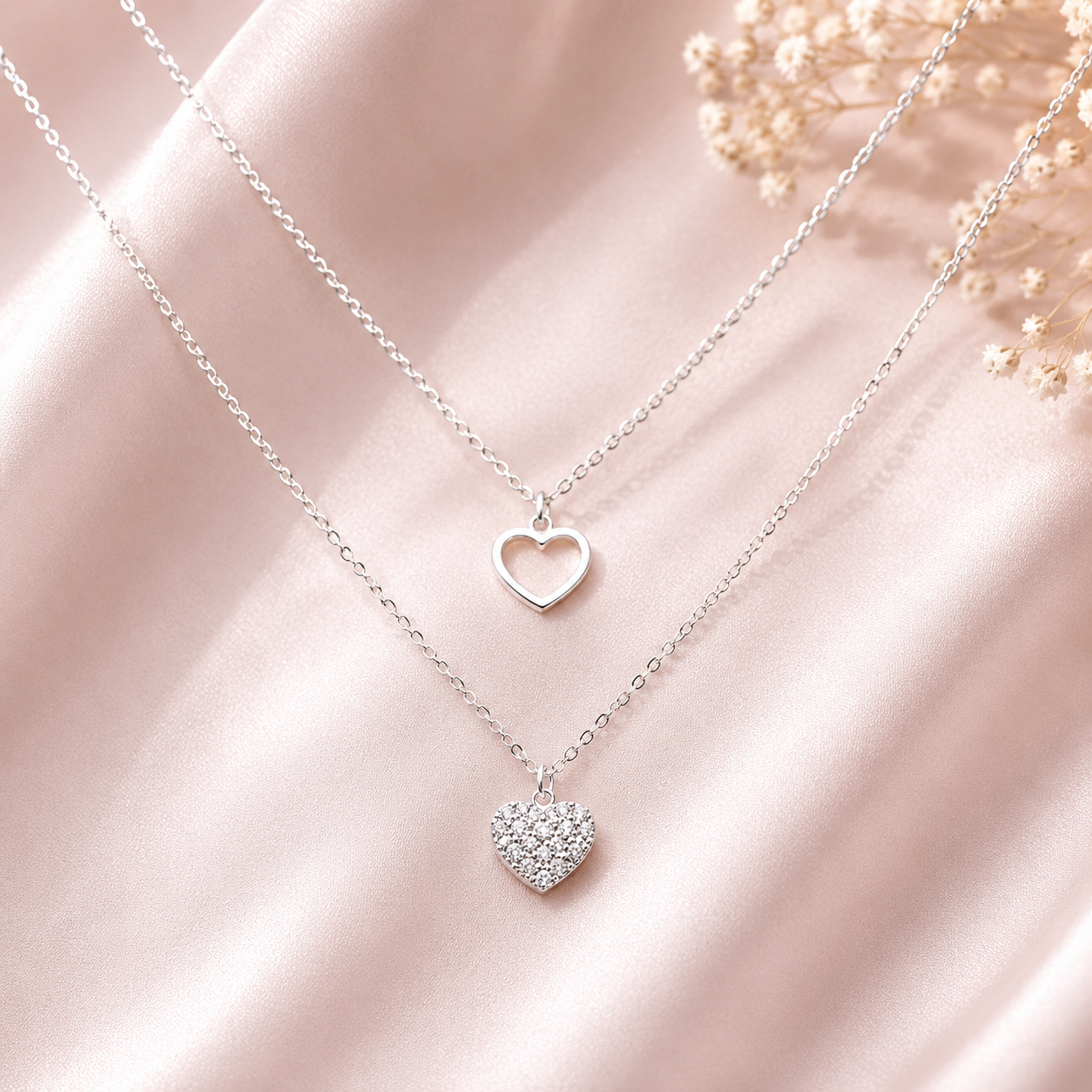 Collar doble corazon con circones  - Plata