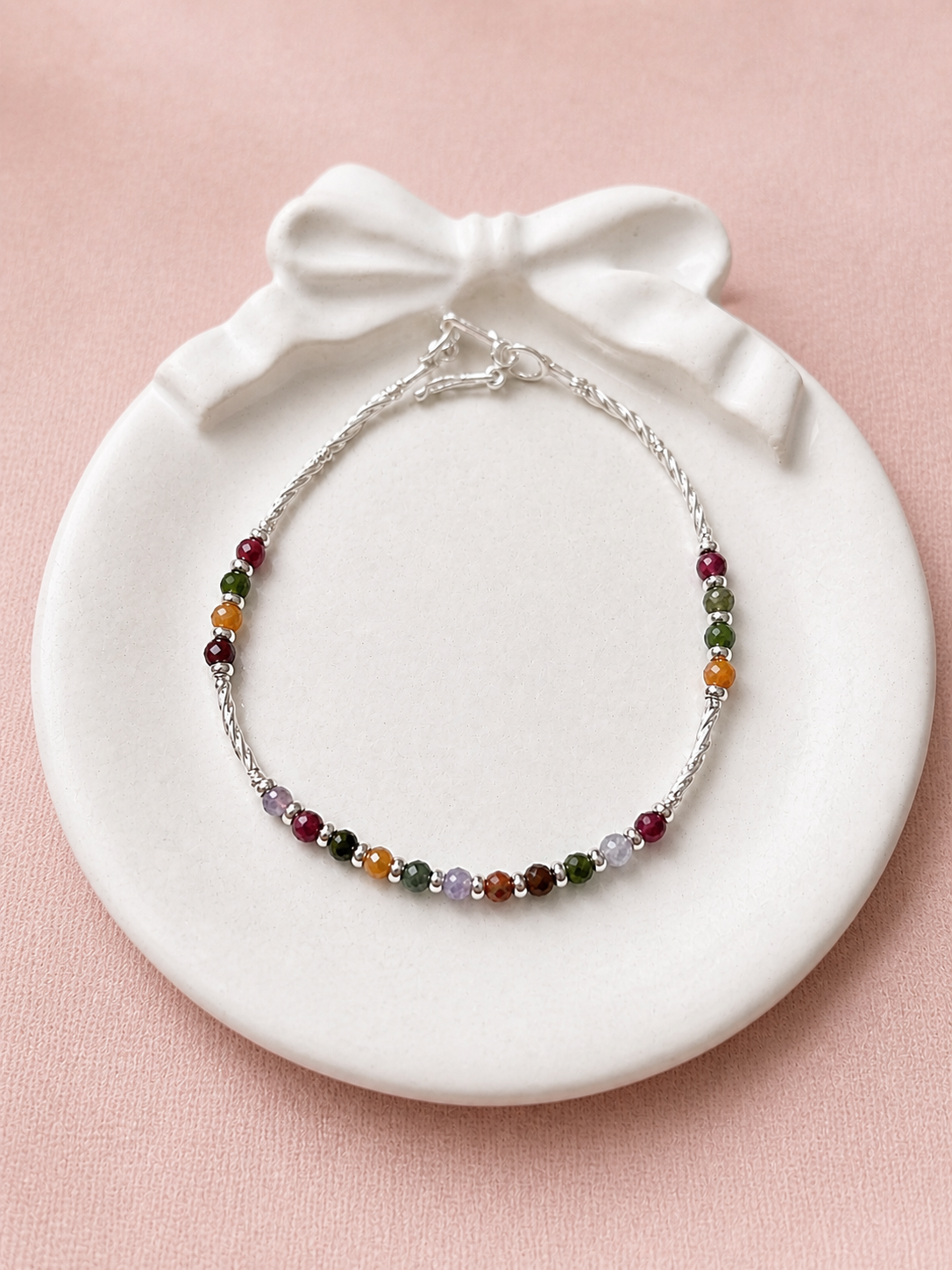 Pulsera piedra natural turmalina con tubos entorchados - Plata