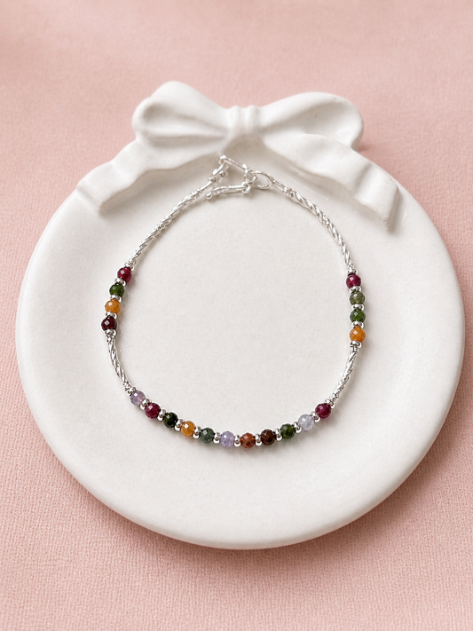 Pulsera piedra natural turmalina con tubos entorchados - Plata
