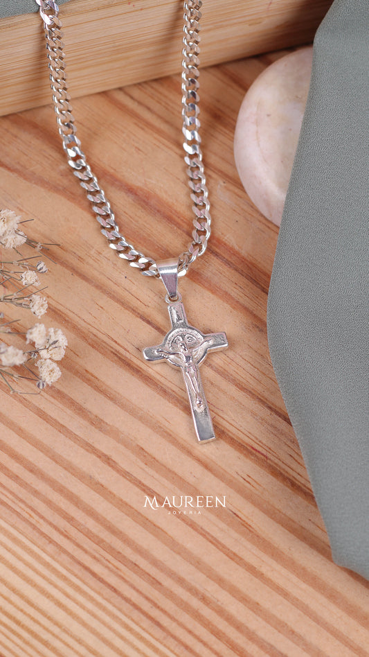 Dije Cruz San Benito Jesus plano-  Plata