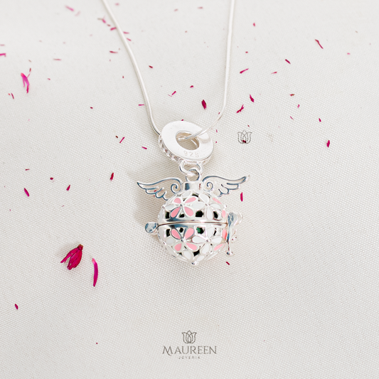 Dije llamador de angel con flores - Plata