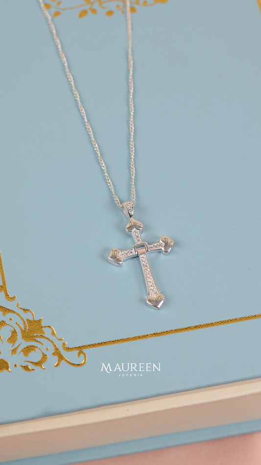 Dije cruz articulado con circones corazones lisos - Plata