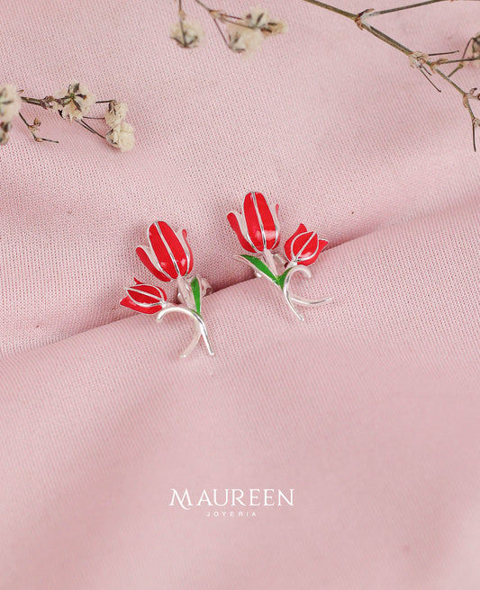 Arete doble tulipán rojo - plata