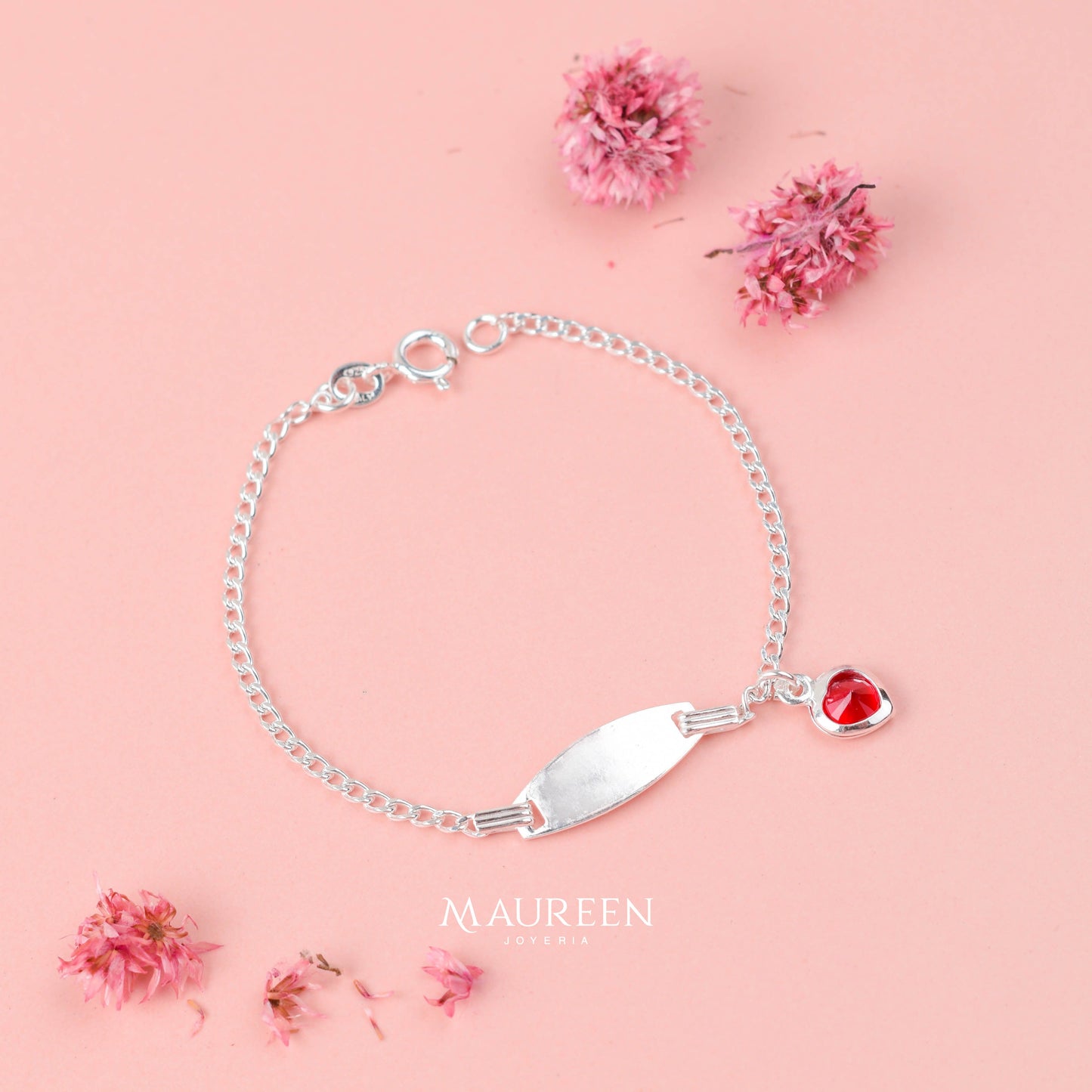 Esclava para niña con un corazon rojo - Plata