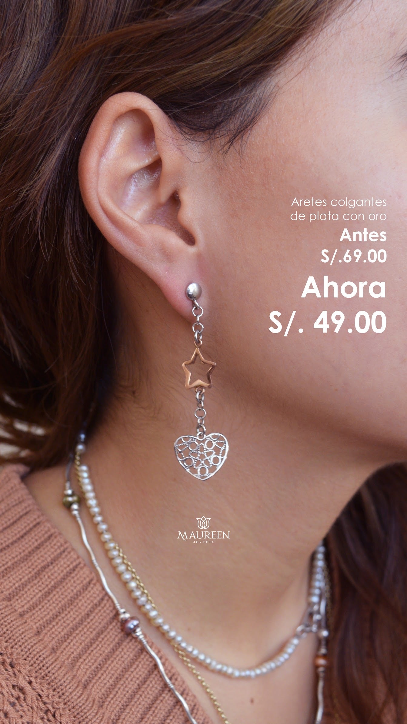 Arete colgante corazón y estrella tejida - Plata/Oro