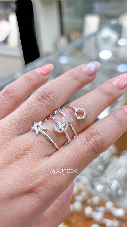 Anillo estrella, luna y circulo - Plata