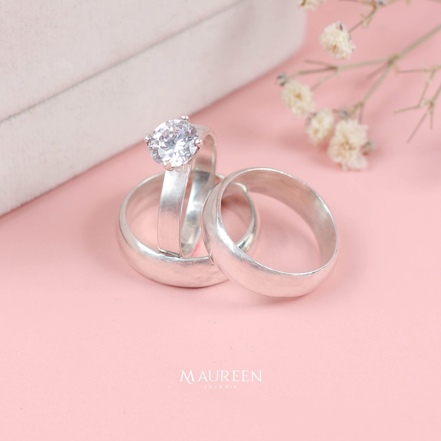 Aros de matrimonio liso + anillo de compromiso - Plata