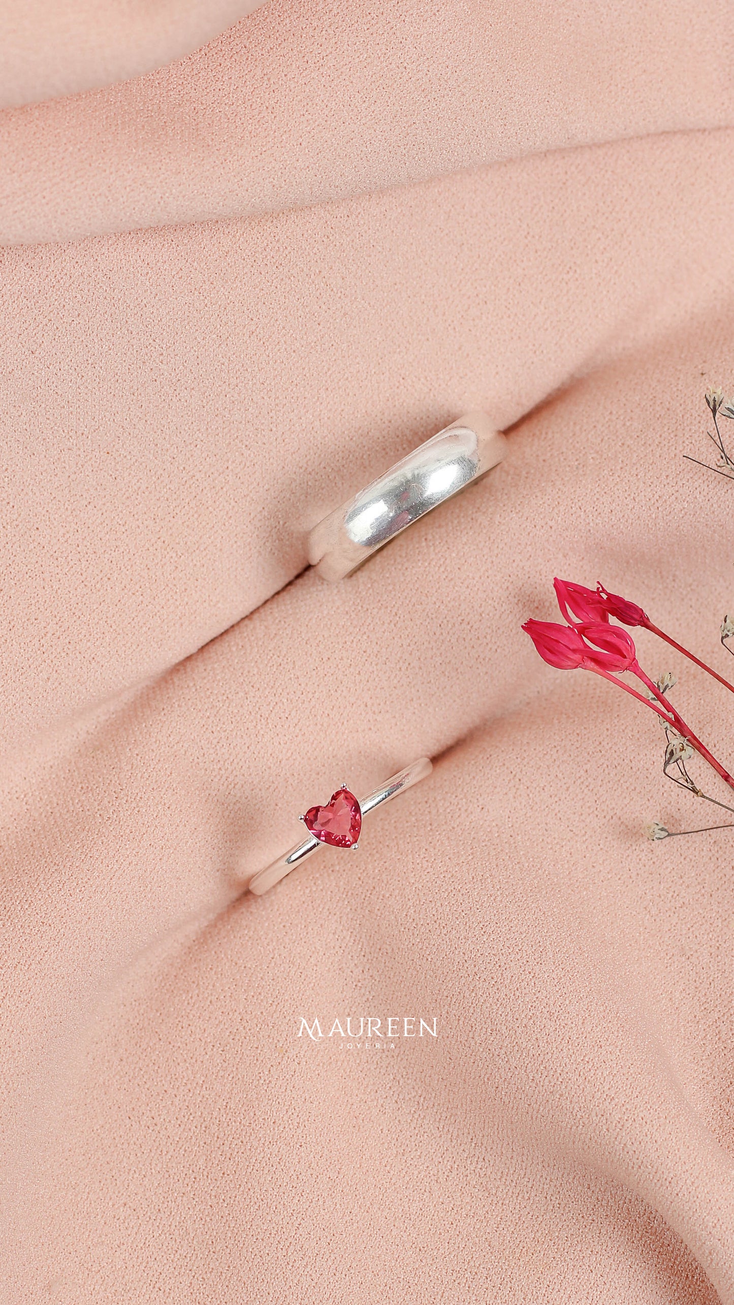 Anillos de promesa para pareja piedra rubi+ aro liso    - Plata