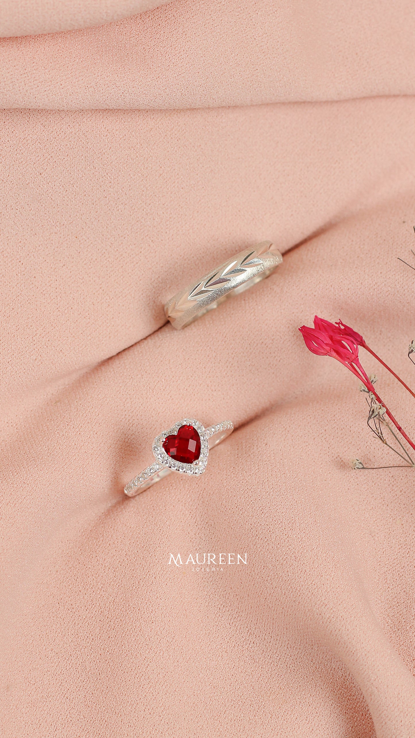 Anillos de promesa para pareja piedra rubi+ aro espiga   - Plata