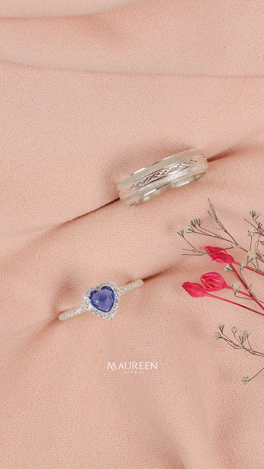 Anillos de promesa para pareja piedra safiro + aro diamantado y arenado    - Plata