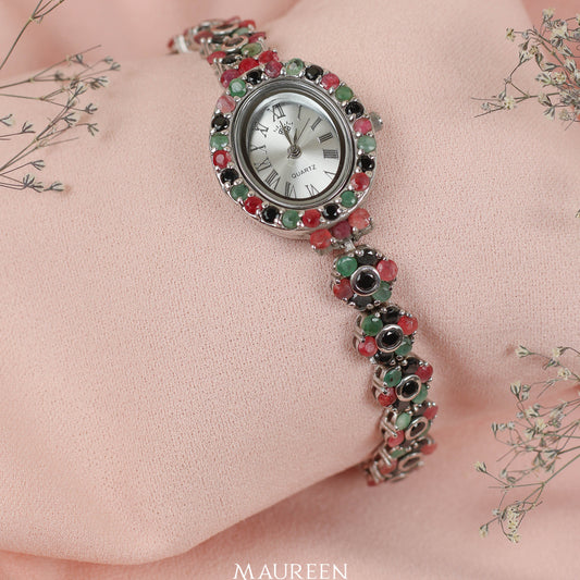 Reloj ovalado piedra natural con marquesita- Plata