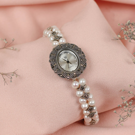 Reloj perlas y marquesita - Plata