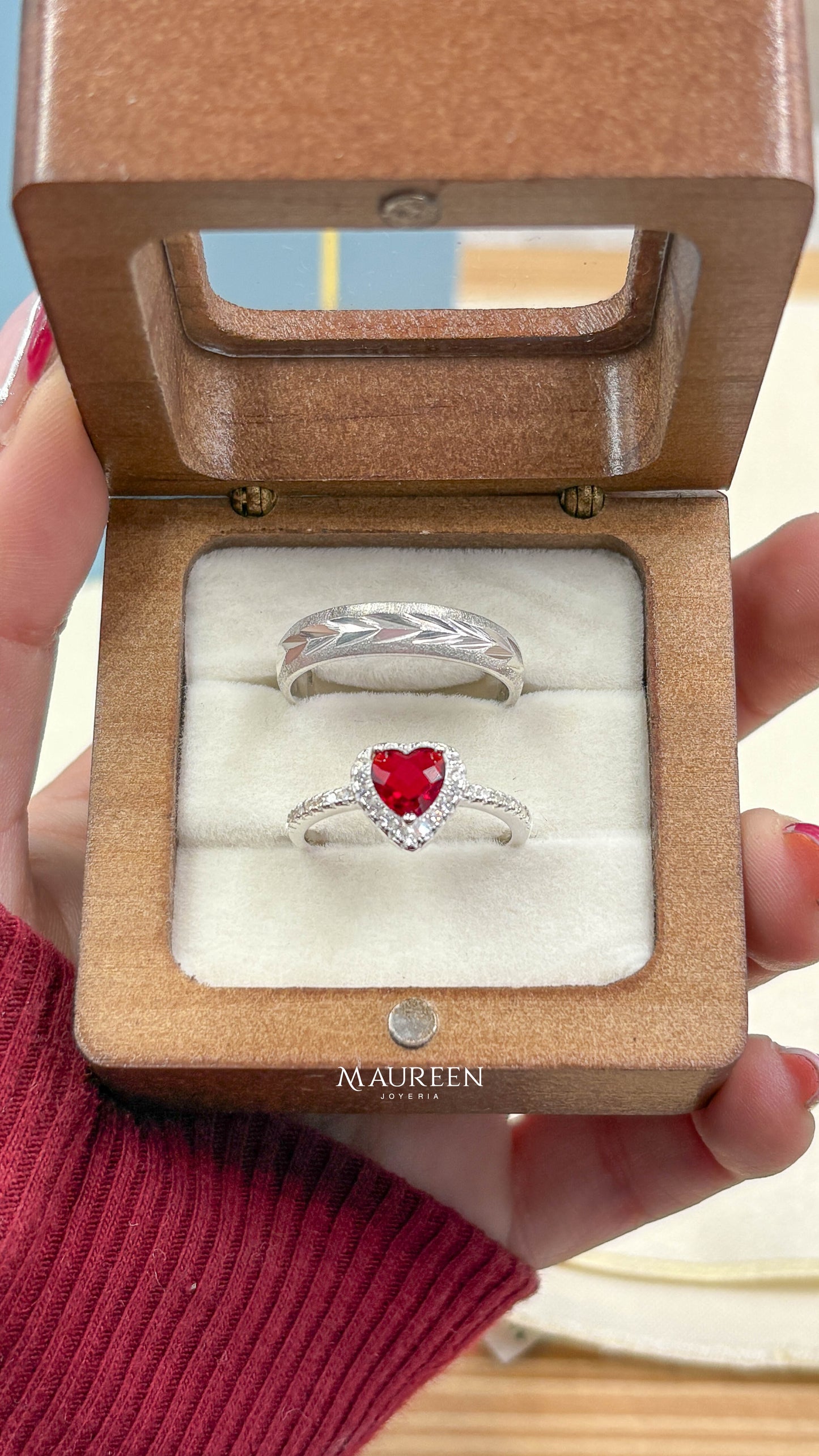 Anillos de promesa para pareja piedra rubi+ aro espiga   - Plata