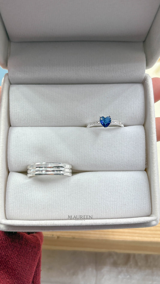 Anillos de promesa para pareja piedra zafiro + aro diamantado dos lineas - Plata