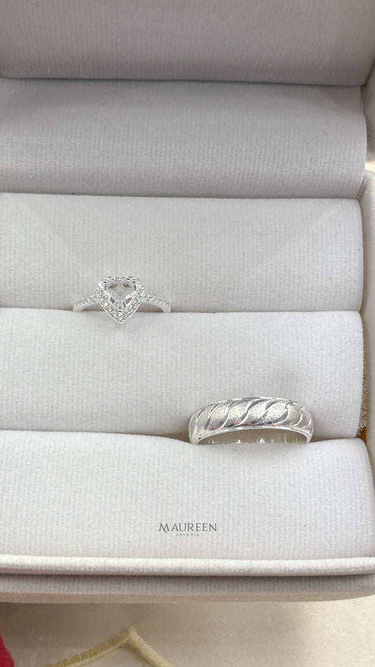 Anillos de promesa para pareja piedra + aro diamantado circular ondas - Plata
