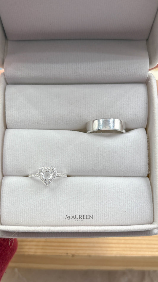 Anillos de promesa para pareja piedra + aro liso - Plata