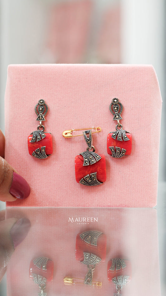 Juego marquesita piedra coral cuadrada   - Plata