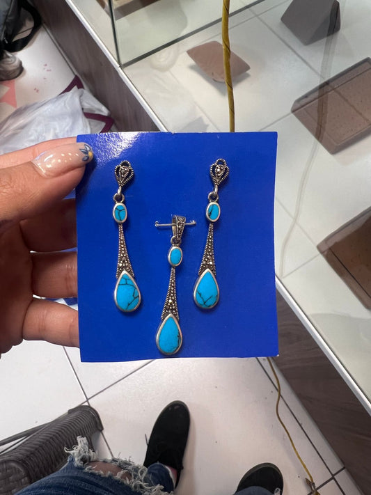 Juego marquesita piedra lapiz lazu gota - Plata